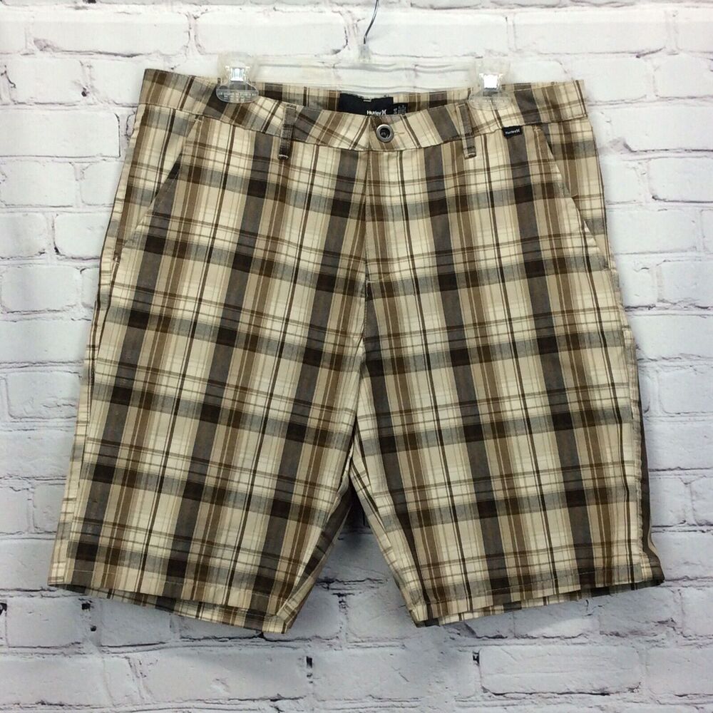 Hurley Chino Shorts Men's Sz 34 Brown Plaid Walking Golf Beach Flat Front Travel